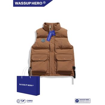 (免運)WASSUP HERO羽絨棉馬甲秋冬學生班服團購青少年潮牌背心男女外套