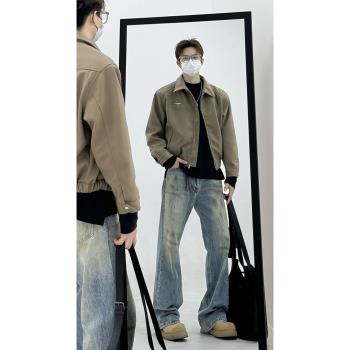 (免運)卡其色美式墊肩外套男款春秋翻領cleanfit行政夾克復古短款棒球服