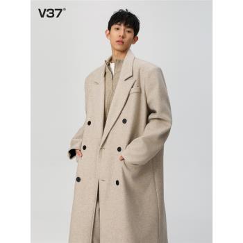 (免運)V37黑色高階感毛呢大衣男款2025春季中長款韓版呢子加厚風衣外套