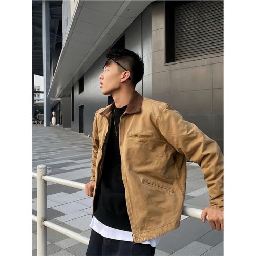 (免運)卡其色正肩工裝外套男款春秋cleanfit美式復古短款翻領底特律夾克