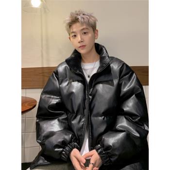 (免運)黑色pu皮棉服男冬季加厚設計感小眾棉衣外套痞帥寬松麵包服棉襖子