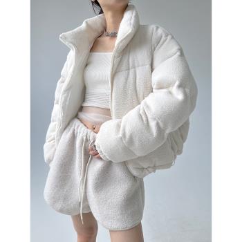 (免運)白色短款羊羔絨立領保暖棉服外套女秋冬季2024年新款夾棉搖粒絨