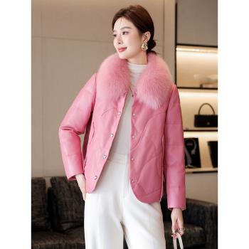 (免運)2024冬新款真皮羽絨服女短款外套狐貍毛領小個子海寧皮衣時尚顯瘦