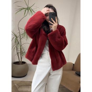 (免運)2025蛇年本命年衣服年輕款紅色仿懶兔毛環保皮草毛茸茸外套女冬季