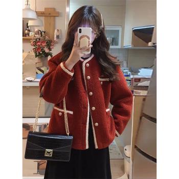 (免運)高階感新年紅色小香風羊羔毛外套女秋冬季加厚毛呢夾克羊羔絨上衣