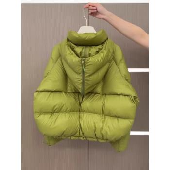 (免運)綠色短款連帽拉鏈棉服外套女冬季輕薄保暖韓風高階感外穿棉襖上衣