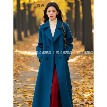 (免運)藍色大衣英倫風秋冬裝新款2024女韓版時尚過膝毛呢外套氣質高階感