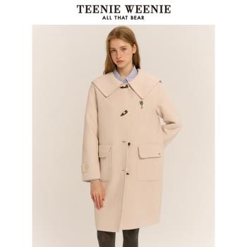 (免運)TeenieWeenie小熊秋冬學院風中長款牛角扣毛呢大衣白色翻領外套女