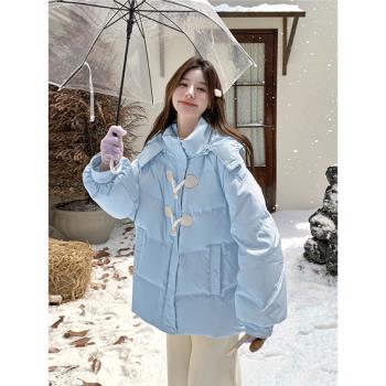 (免運)超好看的奶藍色牛角扣羽絨棉服女2025新款韓版寬松加厚麵包服外套