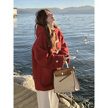 (免運)紅色牛角扣連帽毛呢外套女秋冬2025新款韓系學院風小個子呢子大衣