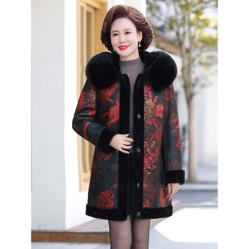 (免運)媽媽裝雙面穿皮毛一體大衣中長款復古印花仿貂絨外套中年女皮草