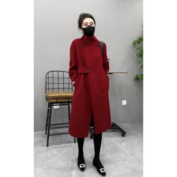 (免運)2025年新款小個子高階感超好看中長款大衣氣質紅色毛呢外套女春季