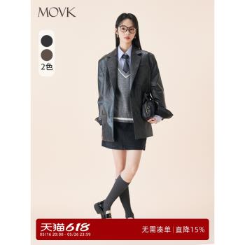 (免運)movk黑色pu皮復古皮衣女2025春季高階設計感顯瘦寬松外套夾克上衣