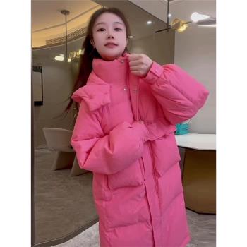 (免運)今年流行小香風粉色羽絨棉服女中長款冬季二棉外套高階感加厚加絨
