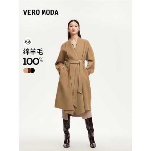(免運)Vero Moda毛呢大衣春季雙面呢純羊毛大翻領插肩系帶大衣