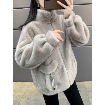 (免運)環保皮草外套女冬季2024新款立領短款加厚仿水貂絨皮毛一體大衣潮