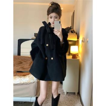 (免運)高階感千金小香風黑色毛呢外套女春冬季雙排扣中長款氣質呢子大衣