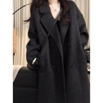 (免運)黑色高階感毛呢大衣女中長款2024年秋冬新款韓系加厚寬松呢子外套