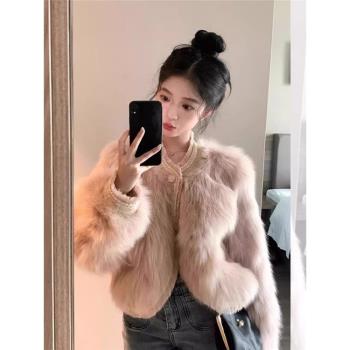 (免運)皮毛一體粉色水貂毛毛絨外套女款2024新款冬季短款千金感環保皮草
