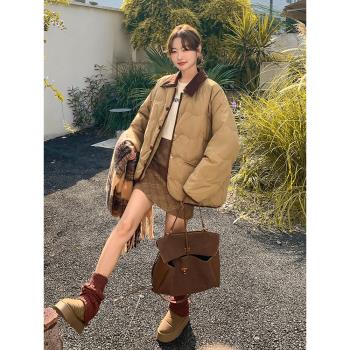 (免運)卡其色超好看羽絨棉服女冬季2025新款韓系寬松小個子加厚棉衣外套