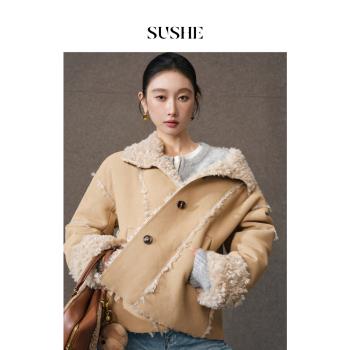 (免運)束皙SUSHE 靡華 輕機車風 環保羊羔毛拼皮寬松翻領皮毛外套女冬季