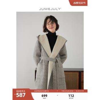 (免運)嘉茱莉2025秋冬新款連帽雙面穿綿羊毛大衣女小個子中長款毛呢外套