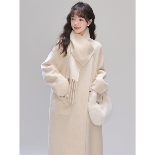 (免運)帛卡琪2025秋冬新款圍巾設計感毛呢外套女寬松氣質中長款呢子大衣