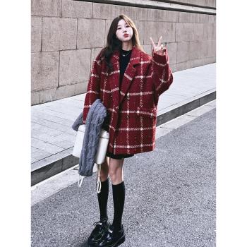 (免運)安哥拉紅小香風西裝毛呢外套女2025秋冬季新款小個子寬松呢子大衣