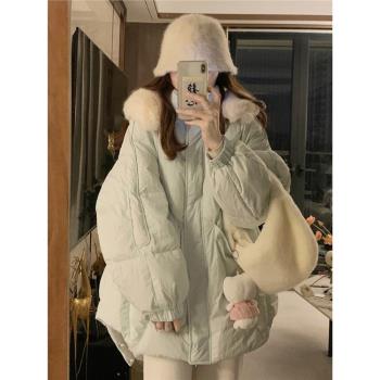 (免運)藍色菱格棉服女冬季2025年新款高階感超好看小個子韓系外套棉衣襖