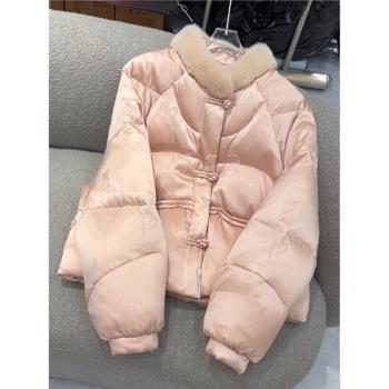 (免運)新中式甜美粉色毛邊領棉衣女2025年冬季新款小個子顯瘦加厚短上衣