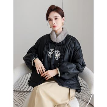 (免運)真皮羽絨服女短款2024冬新款中國風綿羊皮加絨皮衣休閑小個子外套