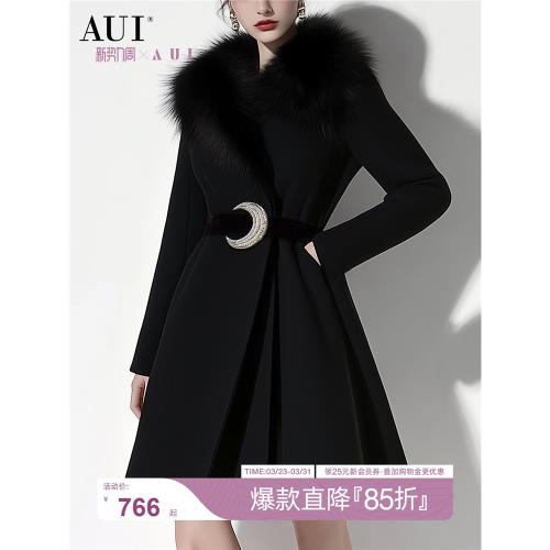 (免運)AUI黑色赫本風高級狐貍毛領毛呢外套女2025冬新款中長款呢子大衣