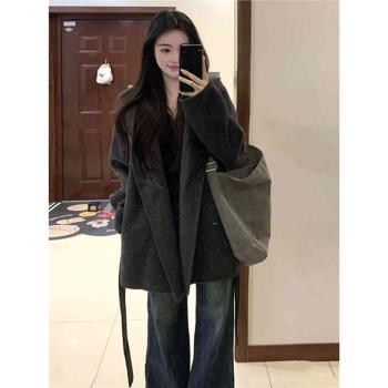 (免運)高階感超好看氣質灰色連帽毛呢外套小個子短款呢子大衣女春春新款