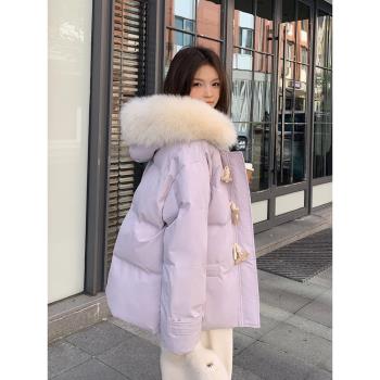 (免運)2024年新款牛角扣羽絨棉服女短款連帽加厚棉襖韓系大毛領冬季外套