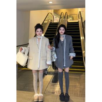 (免運)韓系休閑蕾絲邊羽絨夾棉西裝毛呢外套女2025冬季新款氣質寬松西服