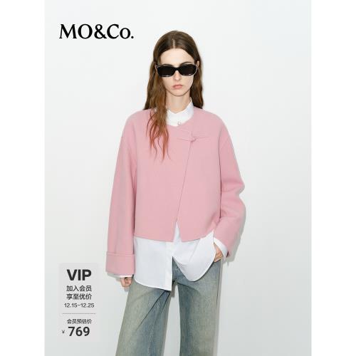 (免運)【新中式】MOCO毛呢外套美麗諾綿羊毛斜襟盤扣短款粉色摩安珂