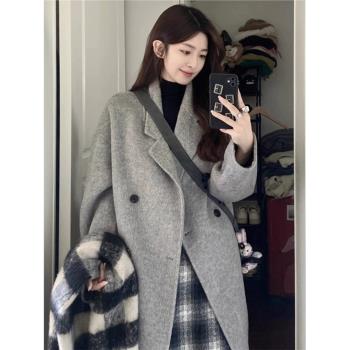 (免運)灰色毛呢大衣女中長款2024年秋冬新款韓系加厚高階感寬松呢子外套