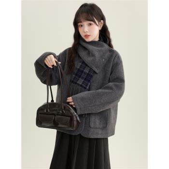(免運)帛卡琪2025冬季新灰色夾棉加厚毛呢外套女寬松圍巾可拆卸呢子大衣
