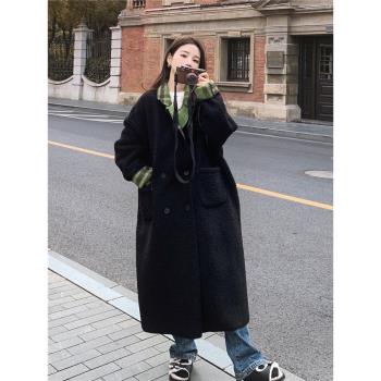 (免運)兩面穿綠色格子羊羔毛大衣女長款寬松大碼加絨加厚冬毛呢外套學生