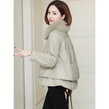 (免運)女裝羽絨服短款海寧時尚真皮皮衣