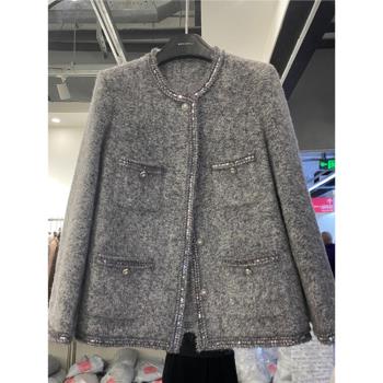 (免運)大碼高階感灰色氣質千金小香風外套女早春新款羊毛呢加厚寬松大衣