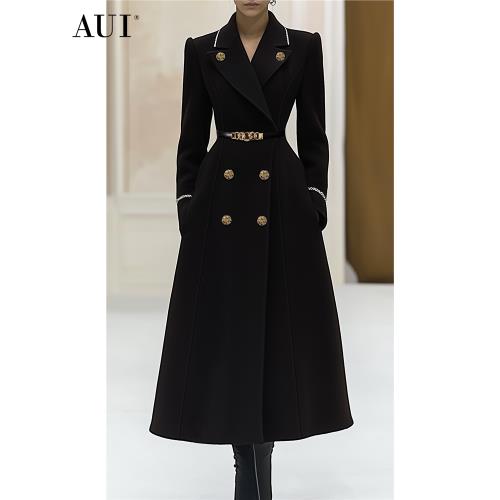 (免運)AUI黑色赫本風設計感收腰毛呢外套女2025冬新款氣質長款呢子大衣