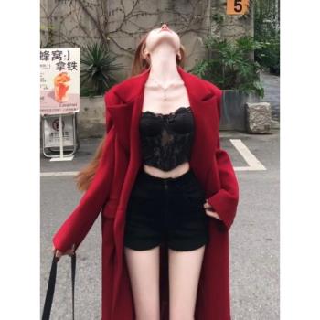 (免運)韓版高階氣質時髦毛呢外套長款高個子2025年初春新款穿搭紅色大衣