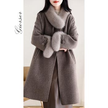 (免運)2025春新款真狐貍毛皮草鵝絨服雙面零羊絨大衣女加厚中長毛呢外套