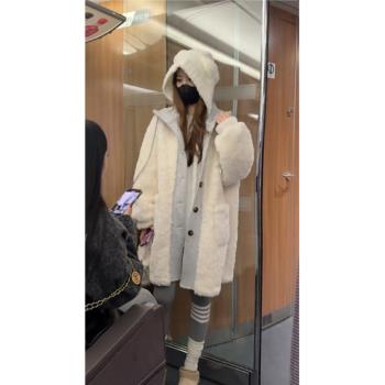 (免運)獨特超好看氣質假兩件毛絨外套女裝2025冬季新款連帽保暖長款大衣