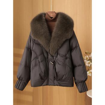 (免運)超好看海寧鵝絨羽絨服女短款2024冬季新款年輕款狐貍毛領皮草外套