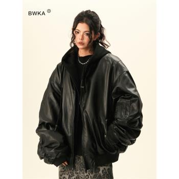 (免運)BWKA美式重磅假兩件pu皮夾克女男春季潮牌寬松加厚bomber上衣外套
