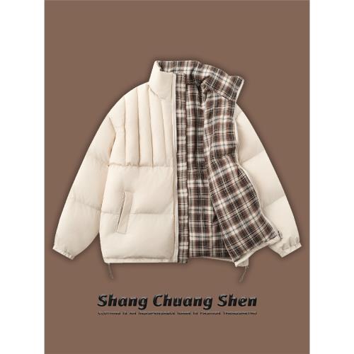 (免運)美式復古兩面穿搭格子棉服外套女寬松2024新款冬季情侶加厚面包服