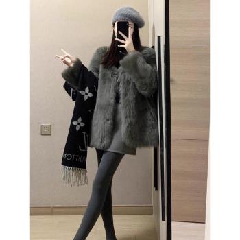 (免運)高階感灰色仿狐貍毛環保皮草女2024新款爆款秋冬皮毛一體毛毛外套