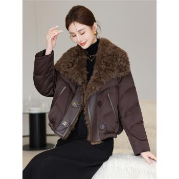 (免運)2024冬季新款托斯卡納皮毛一體皮草外套拼接鵝絨羽絨服女短款加厚